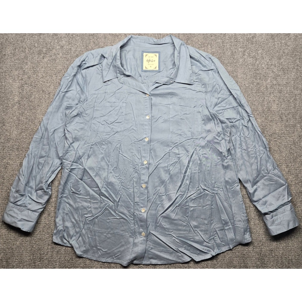 Style & Co Button Up Shirt Womens XL Light Blue Long Sleeve Pocketed